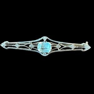 Vintage Art Deco Sterling Silver Aqua Blue Glass Filigree Brooch